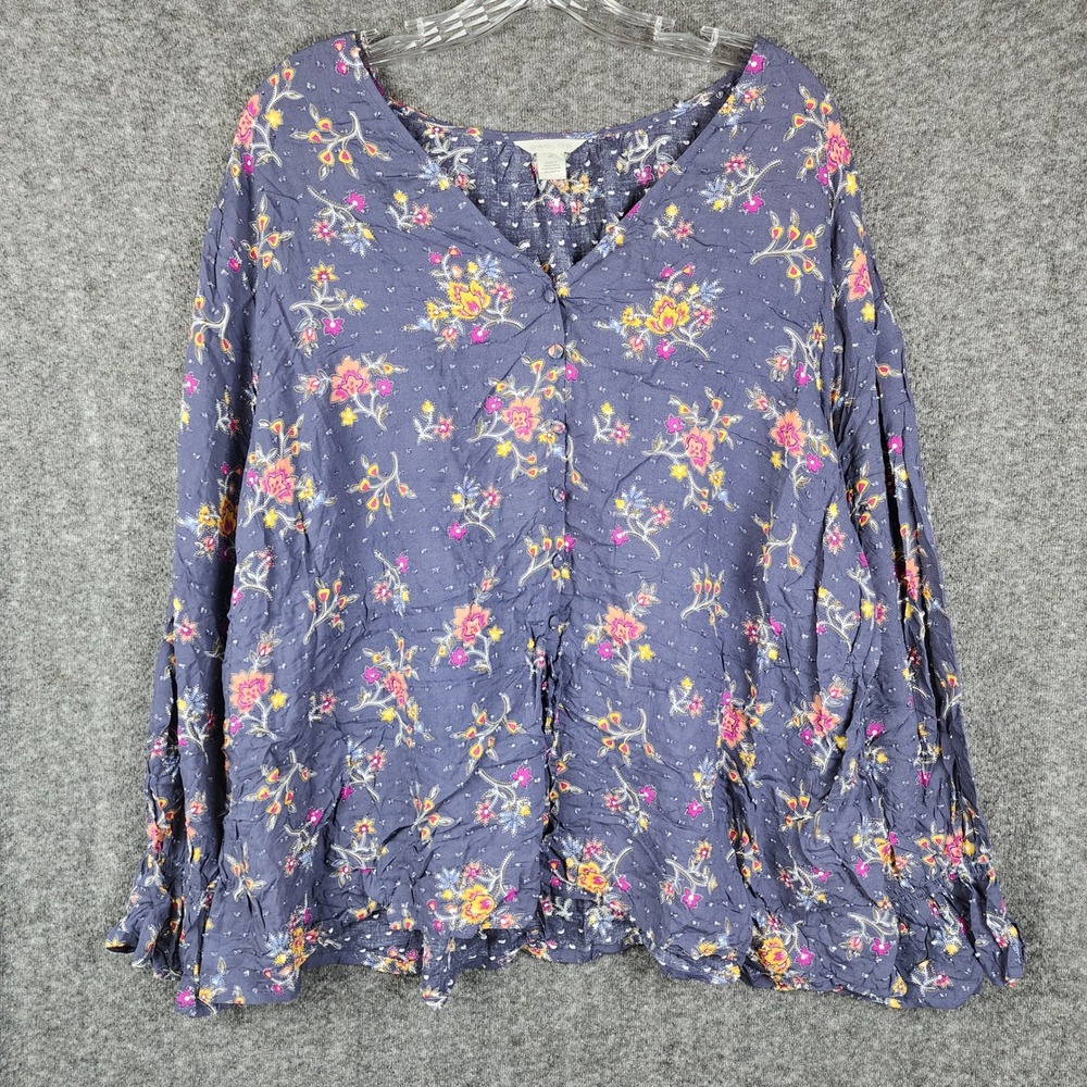 Caslon Floral‎ Clip Dot Blouse Women 3X Navy Blue Button Front Smocked Cuff Boho